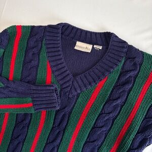 Vintage Copper Key Women Striped Cable Hand Knit Sweater Blue Red Green Size S